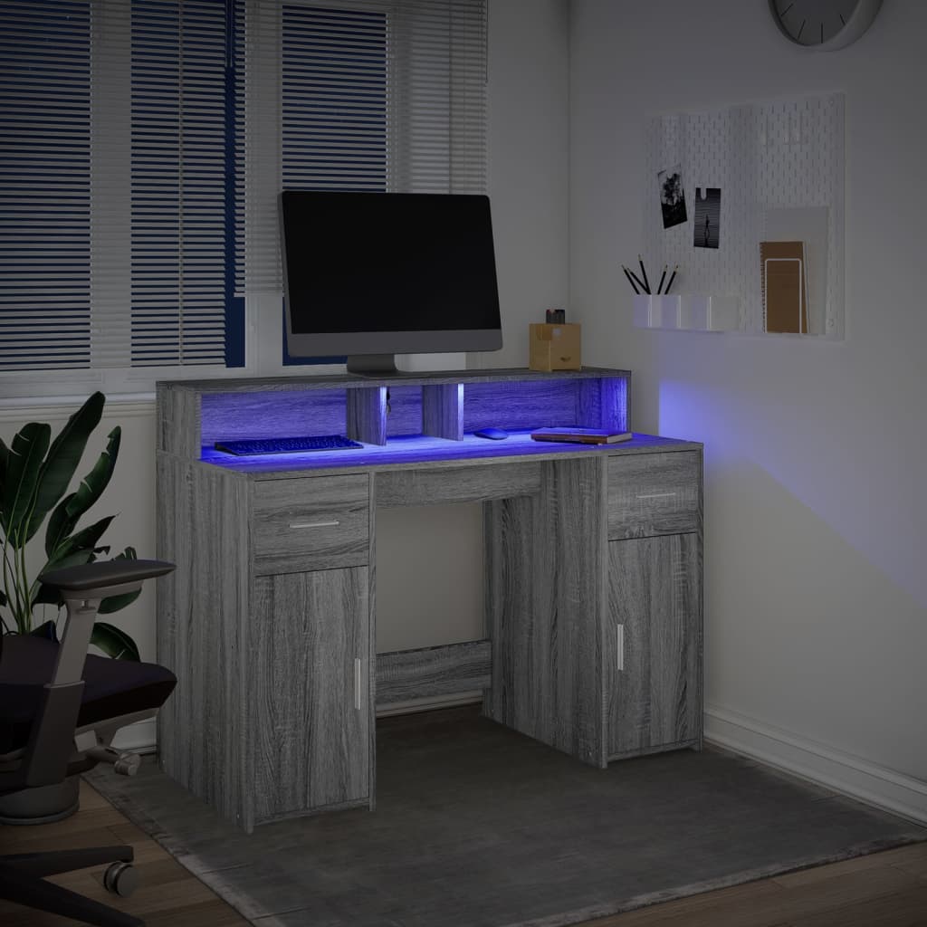 vidaXL Biurko z podświetleniem LED, szary dąb sonoma, 120x55x91 cm