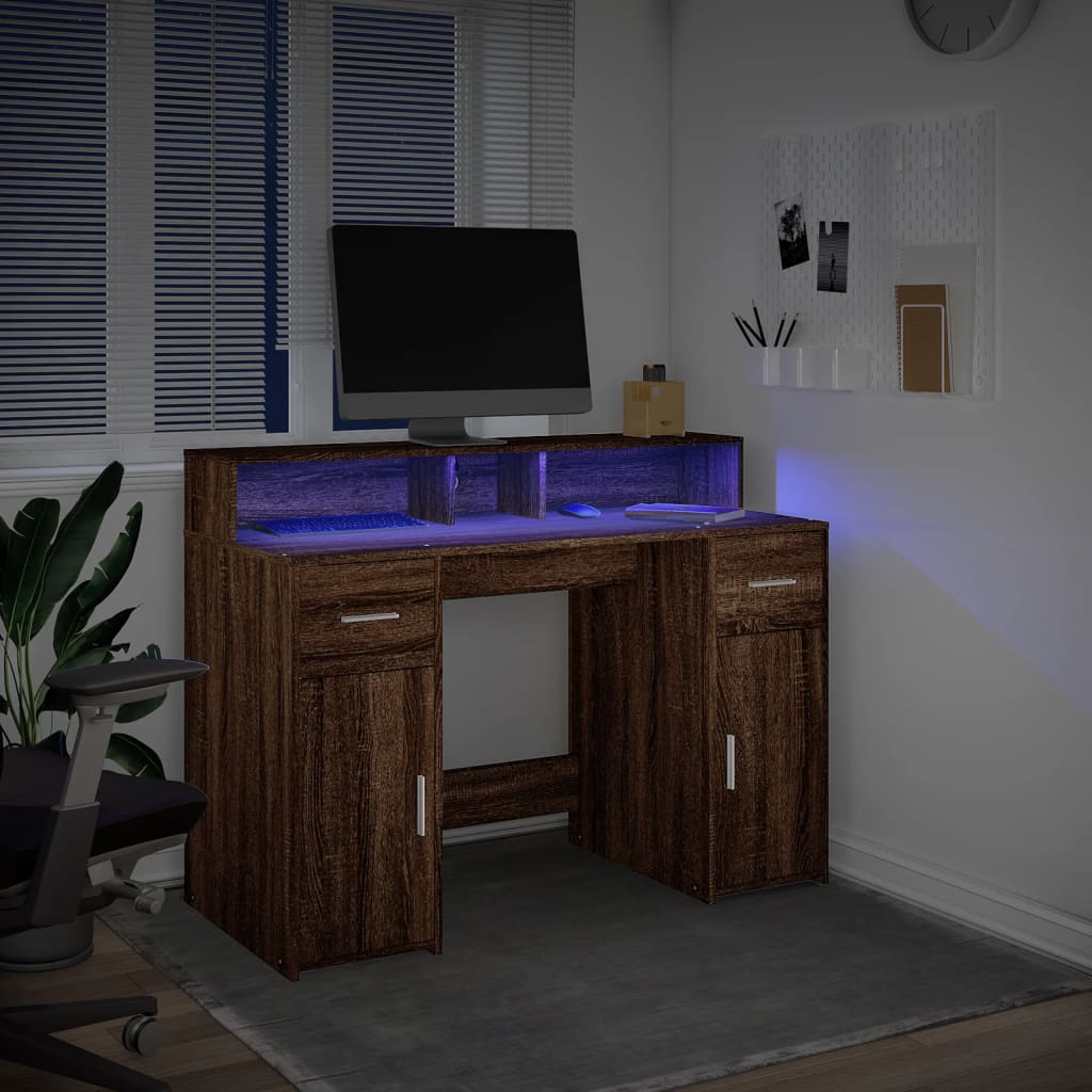 vidaXL Biurko z podświetleniem LED, brązowy dąb, 120x55x91 cm