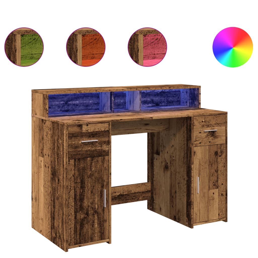 vidaXL Biurko z podświetleniem LED, stare drewno, 120x55x91 cm