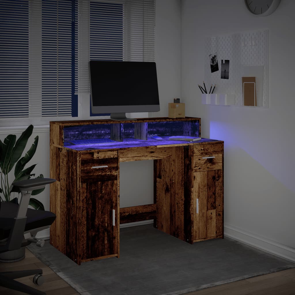 vidaXL Biurko z podświetleniem LED, stare drewno, 120x55x91 cm