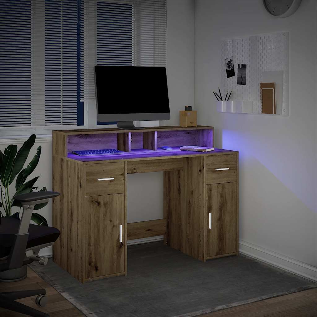 vidaXL Biurko z podświetleniem LED, dąb artisian, 120x55x91 cm