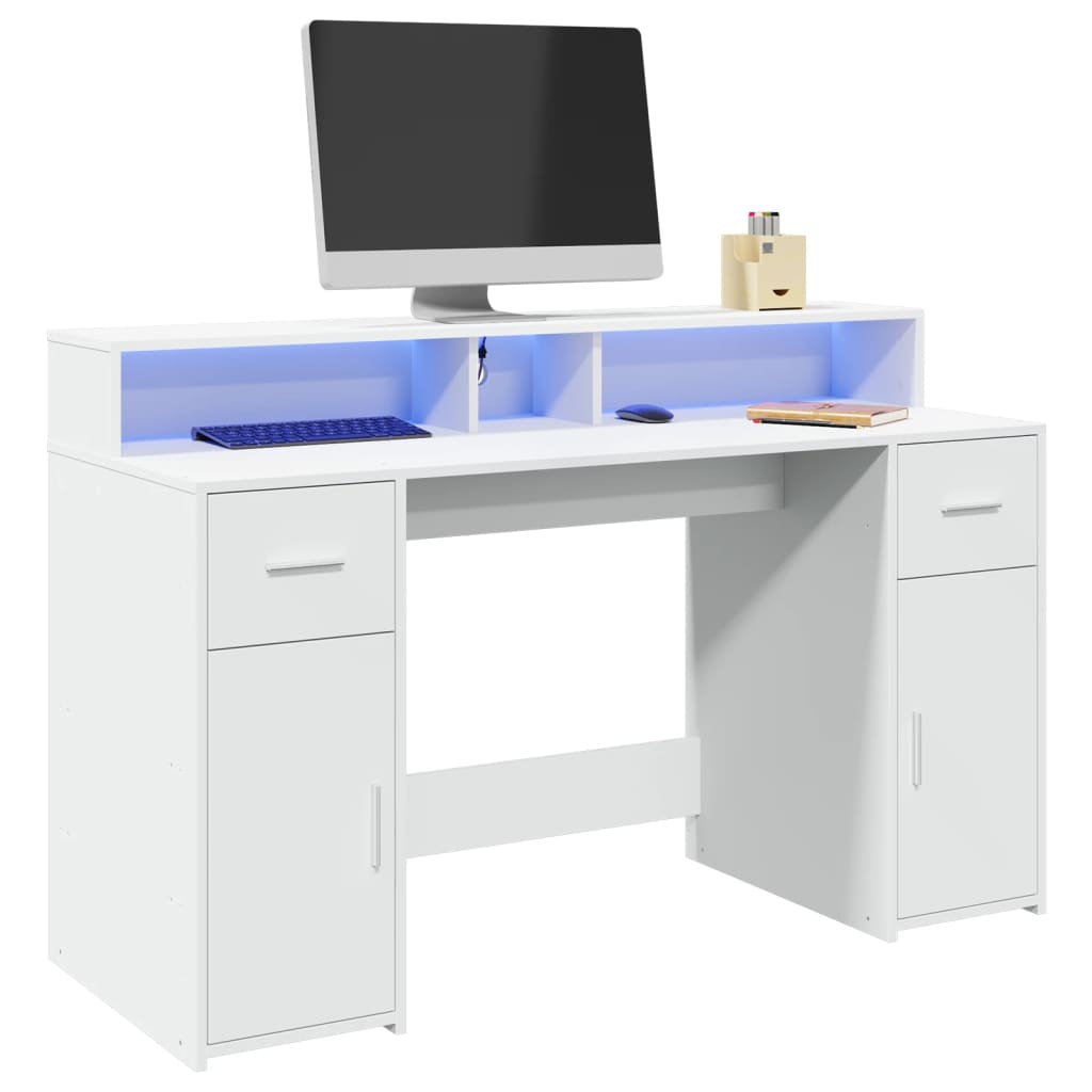 vidaXL Biurko z podświetleniem LED, białe, 140x55x91 cm