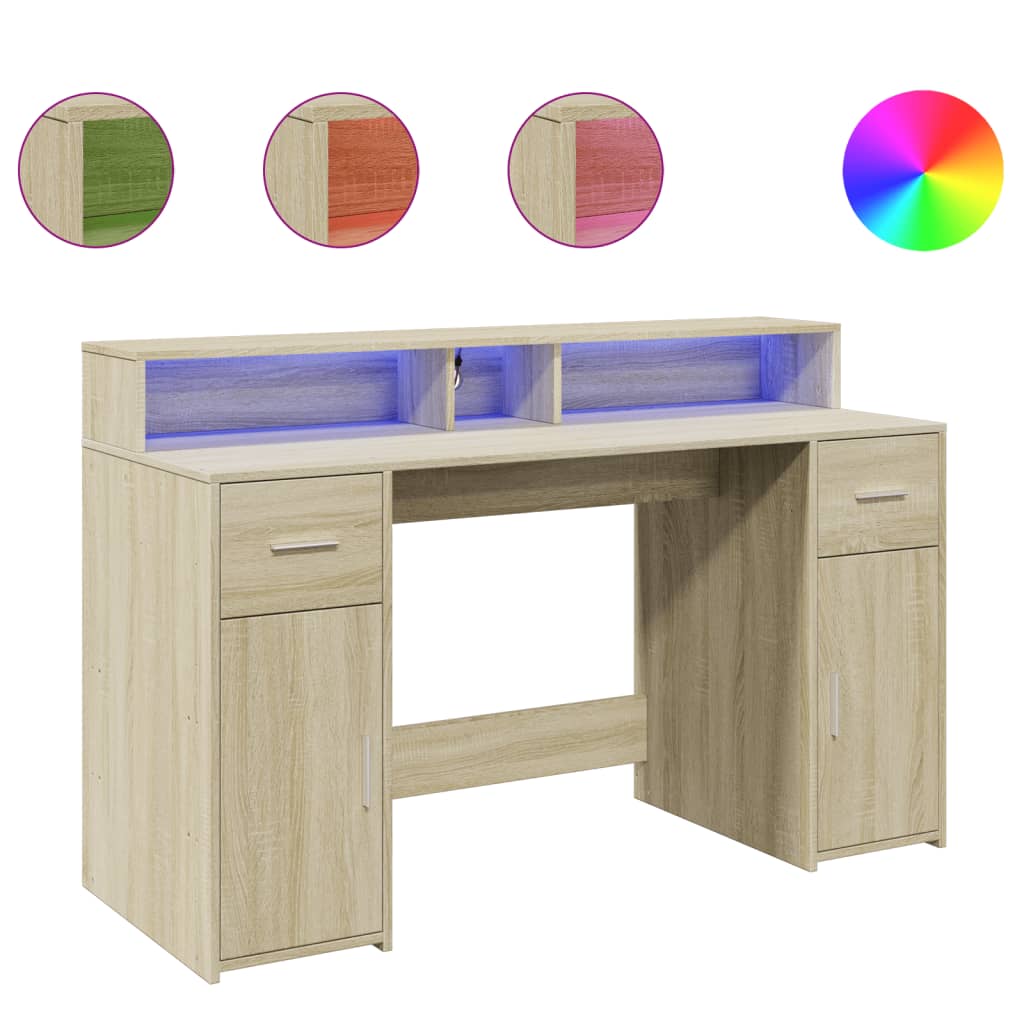 vidaXL Biurko z podświetleniem LED, dąb sonoma, 140x55x91 cm