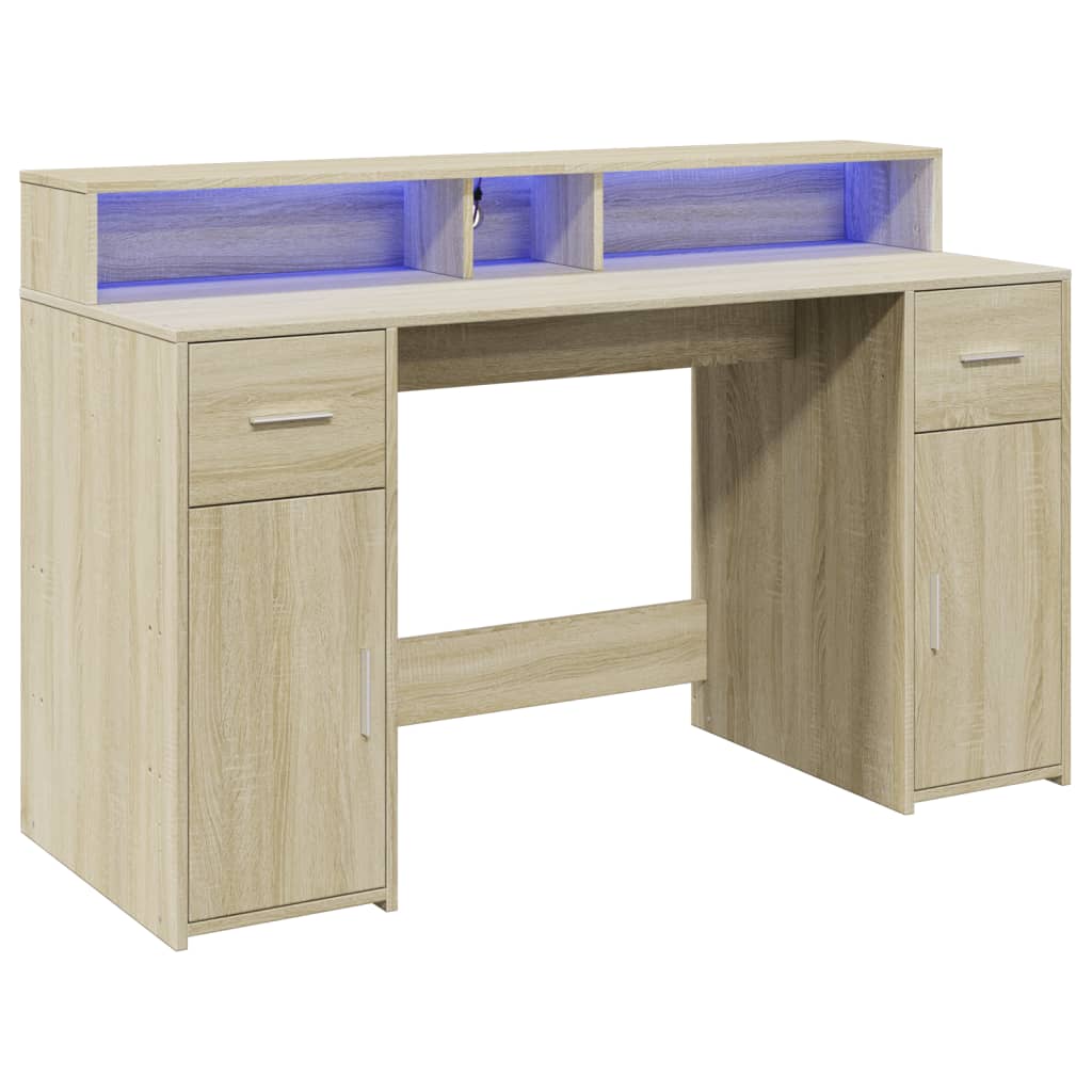 vidaXL Biurko z podświetleniem LED, dąb sonoma, 140x55x91 cm