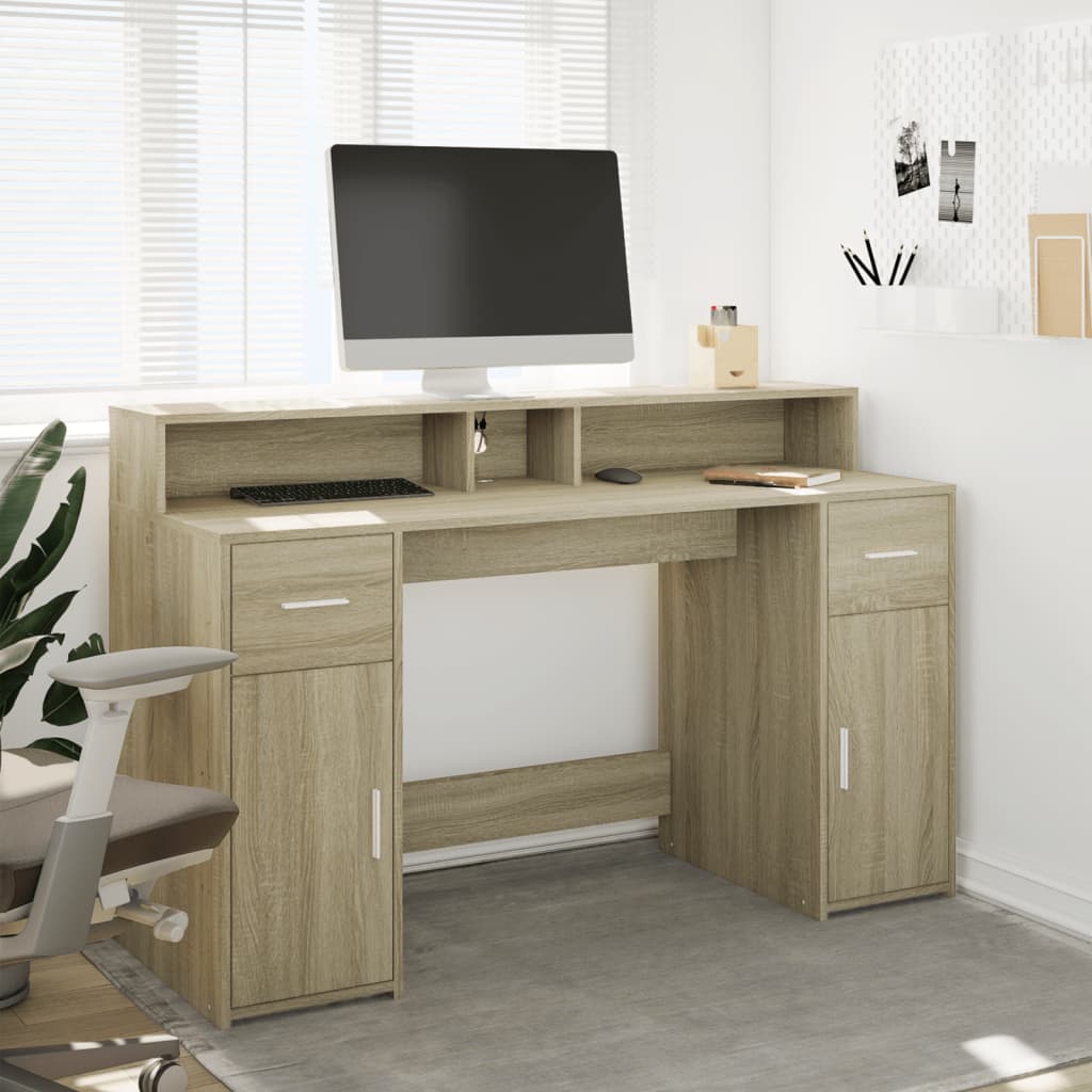 vidaXL Biurko z podświetleniem LED, dąb sonoma, 140x55x91 cm