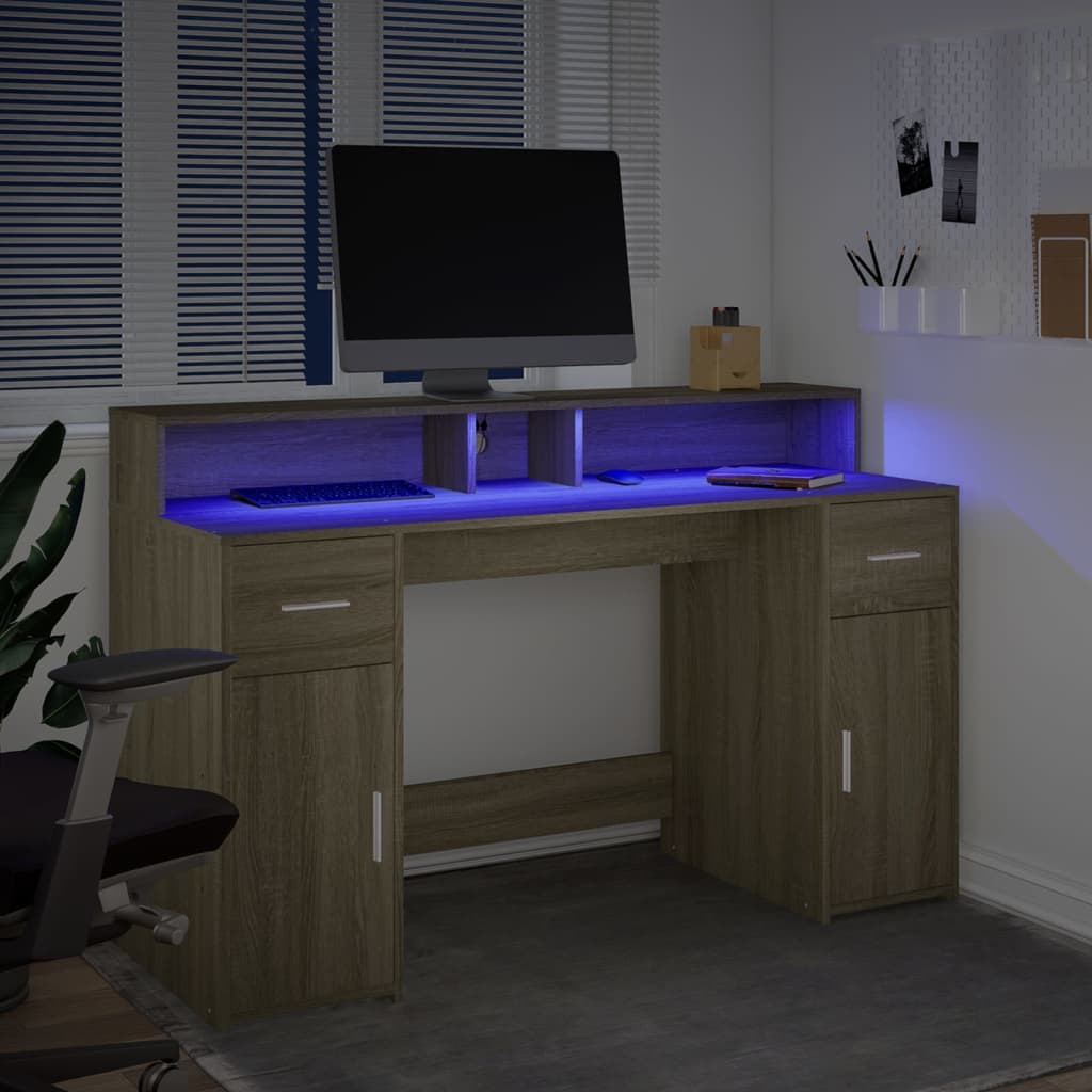 vidaXL Biurko z podświetleniem LED, dąb sonoma, 140x55x91 cm