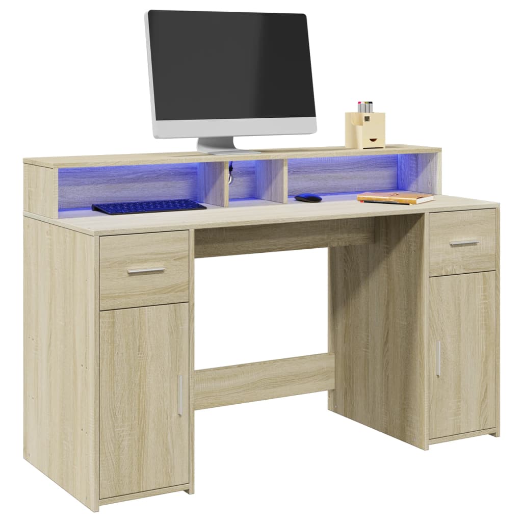 vidaXL Biurko z podświetleniem LED, dąb sonoma, 140x55x91 cm