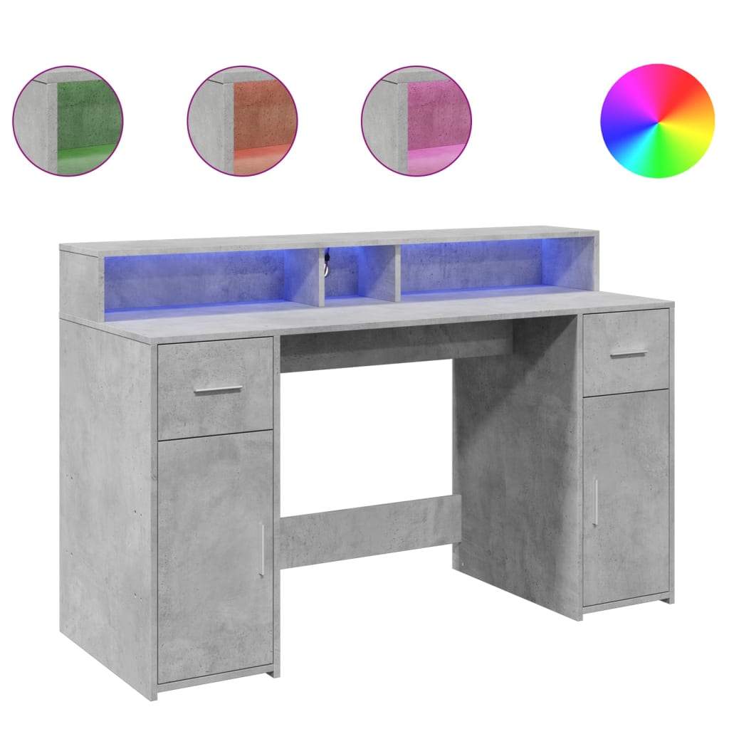 vidaXL Biurko z podświetleniem LED, betonowa szarość, 140x55x91 cm