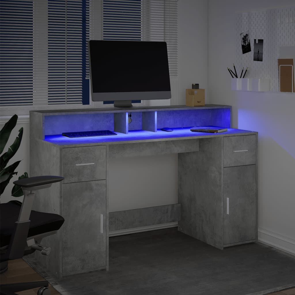 vidaXL Biurko z podświetleniem LED, betonowa szarość, 140x55x91 cm