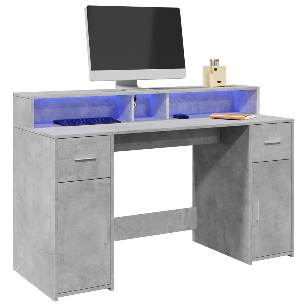 vidaXL Biurko z podświetleniem LED, betonowa szarość, 140x55x91 cm