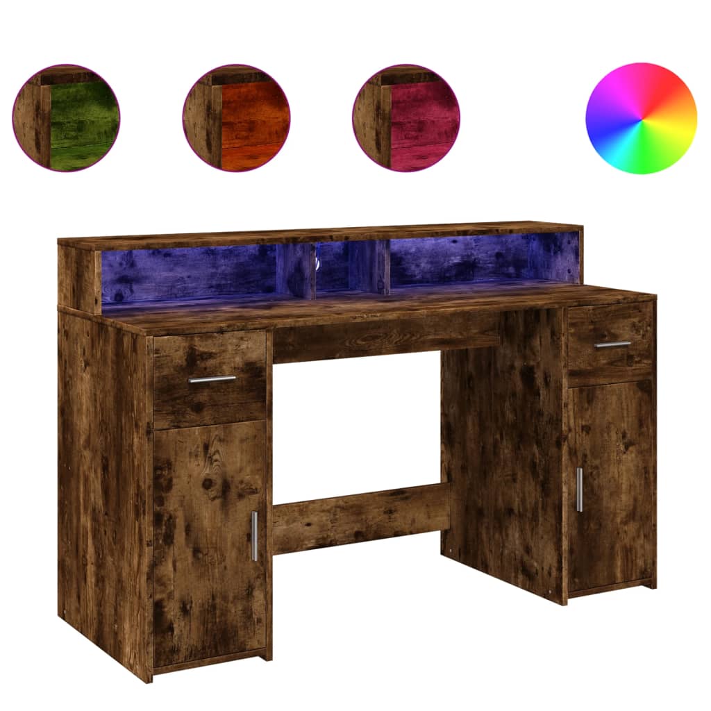 vidaXL Biurko z podświetleniem LED, przydymiony dąb, 140x55x91 cm