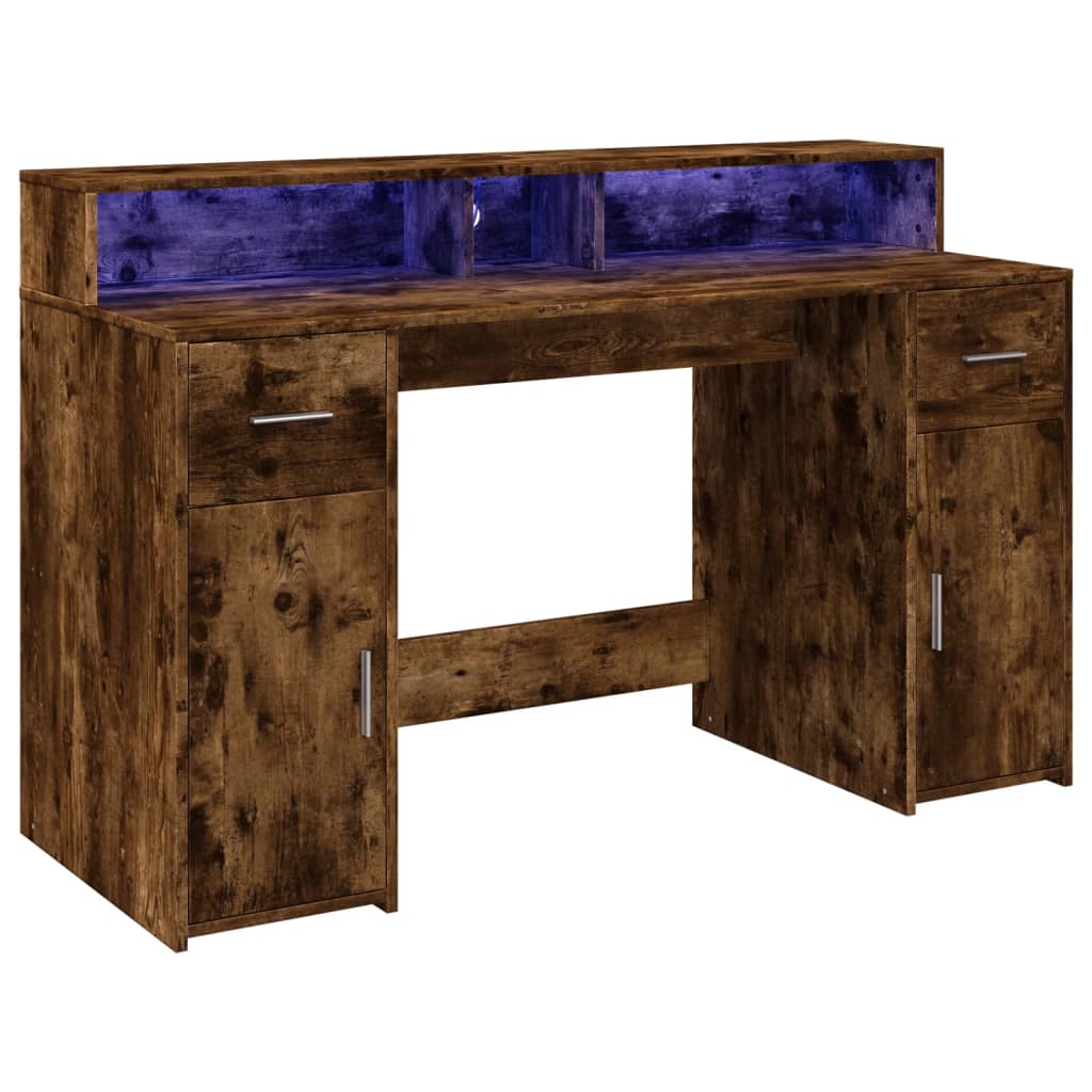 vidaXL Biurko z podświetleniem LED, przydymiony dąb, 140x55x91 cm