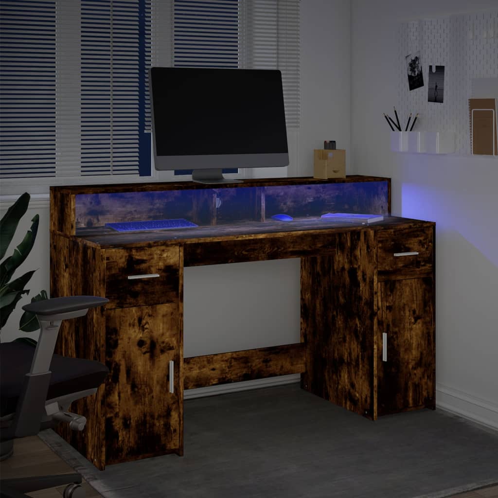 vidaXL Biurko z podświetleniem LED, przydymiony dąb, 140x55x91 cm