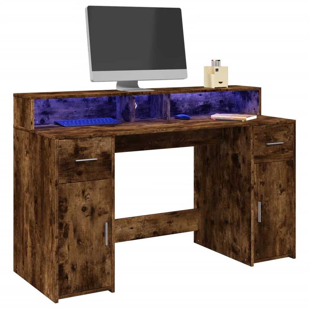 vidaXL Biurko z podświetleniem LED, przydymiony dąb, 140x55x91 cm