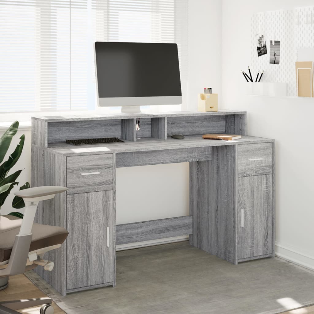 vidaXL Biurko z podświetleniem LED, szary dąb sonoma, 140x55x91 cm