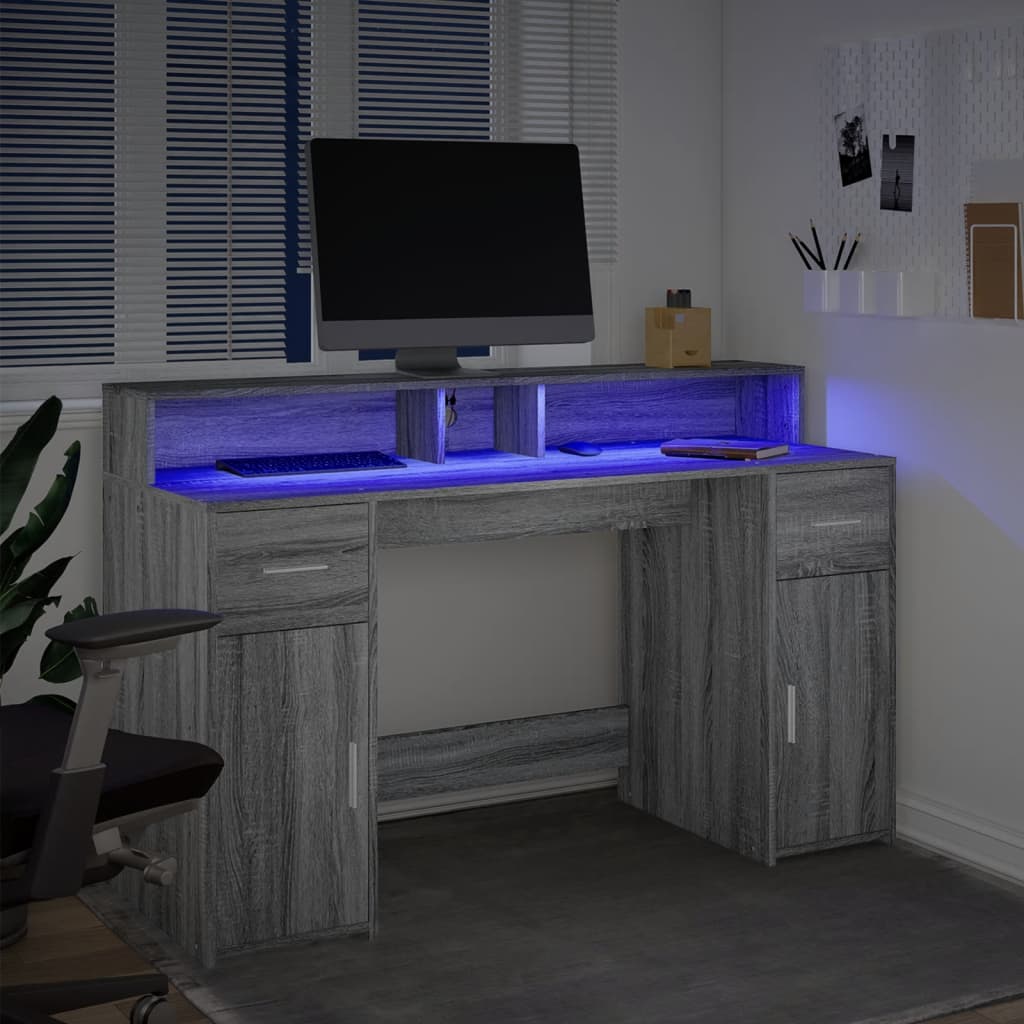 vidaXL Biurko z podświetleniem LED, szary dąb sonoma, 140x55x91 cm