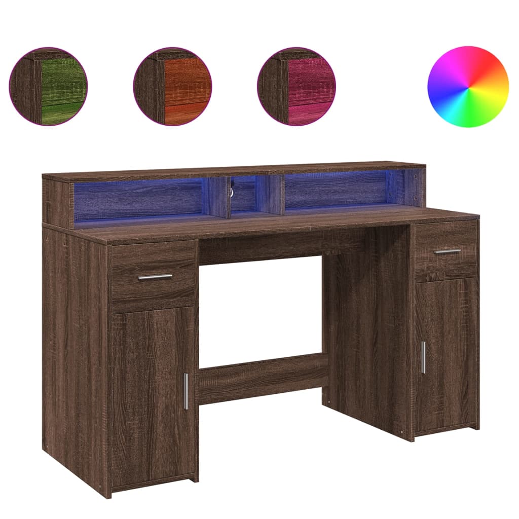 vidaXL Biurko z podświetleniem LED, brązowy dąb, 140x55x91 cm
