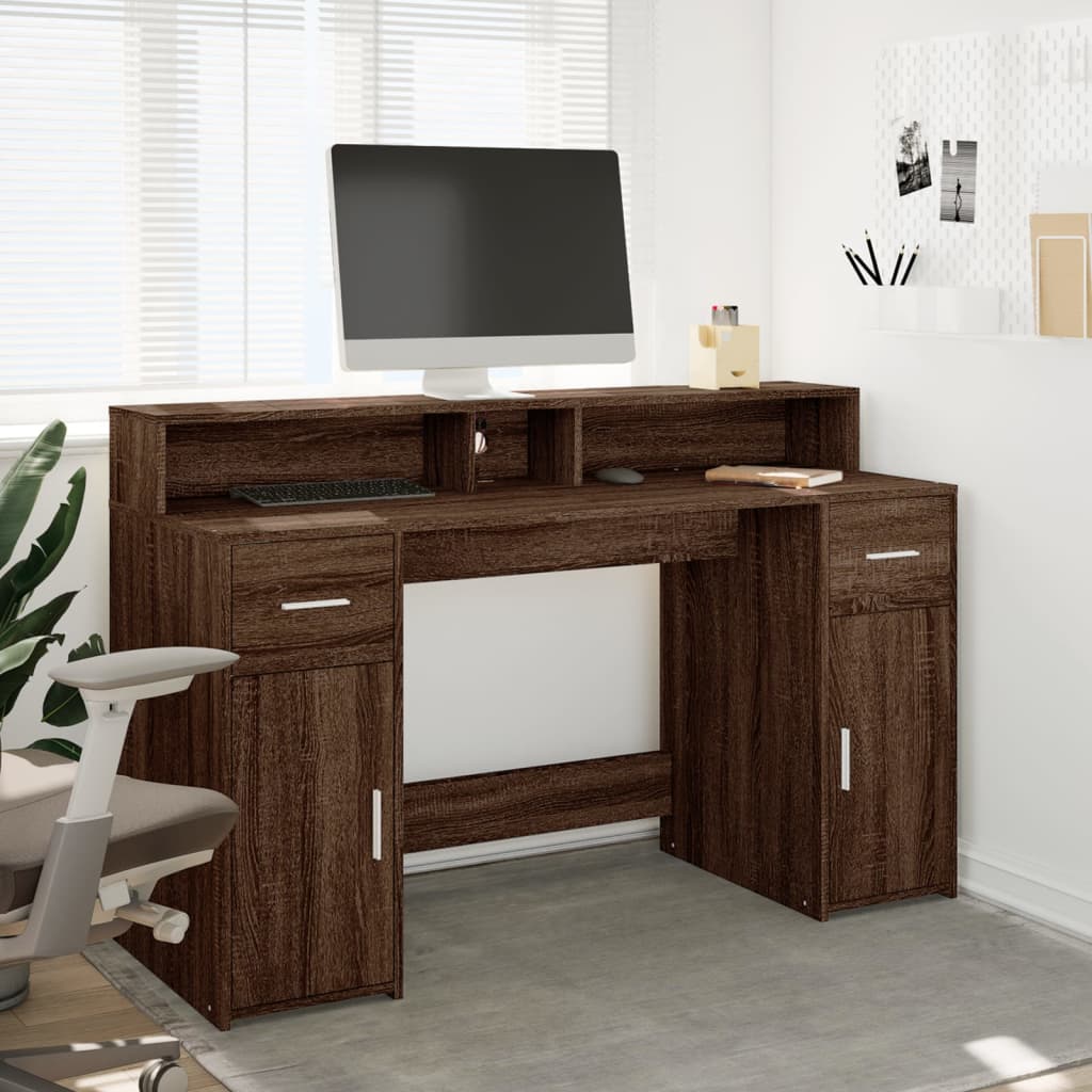 vidaXL Biurko z podświetleniem LED, brązowy dąb, 140x55x91 cm