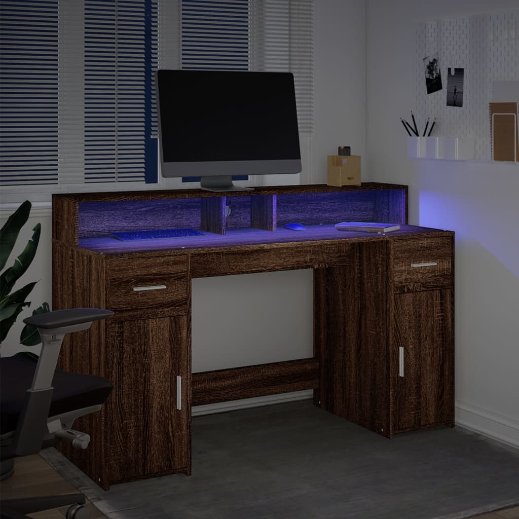 vidaXL Biurko z podświetleniem LED, brązowy dąb, 140x55x91 cm