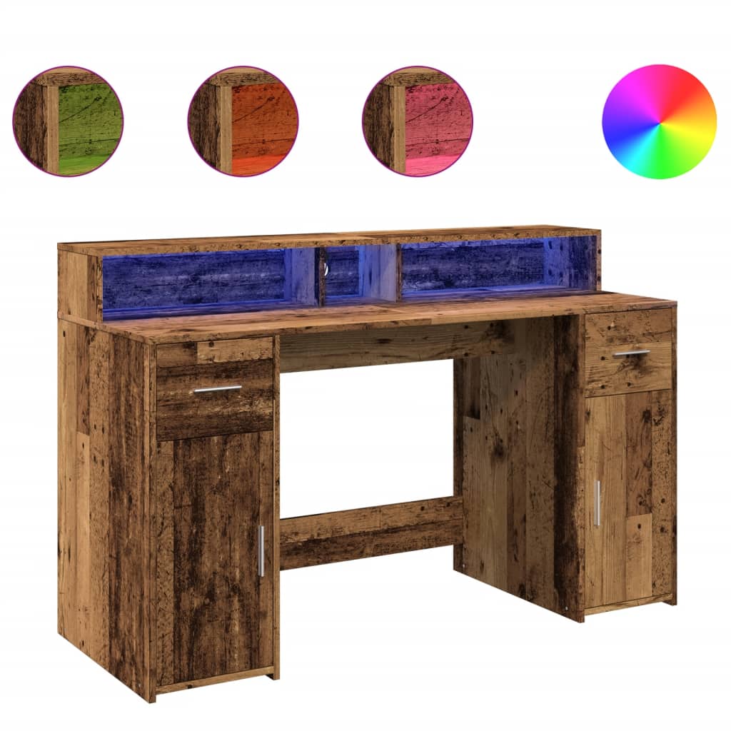 vidaXL Biurko z podświetleniem LED, stare drewno, 140x55x91 cm