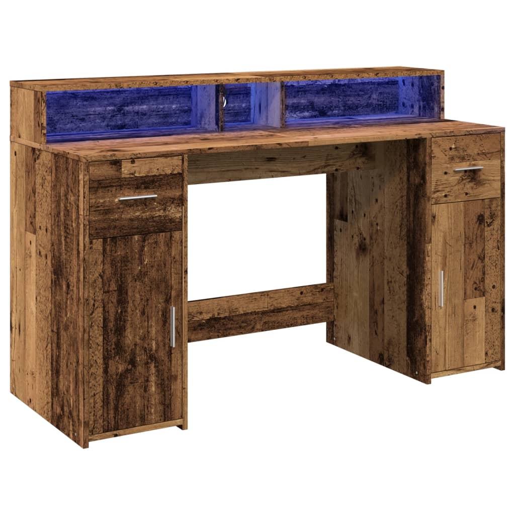 vidaXL Biurko z podświetleniem LED, stare drewno, 140x55x91 cm