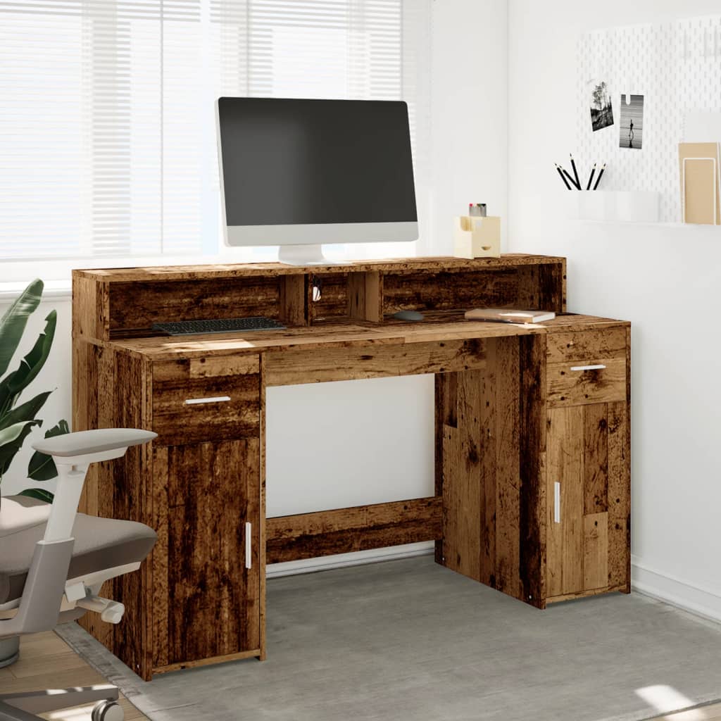 vidaXL Biurko z podświetleniem LED, stare drewno, 140x55x91 cm