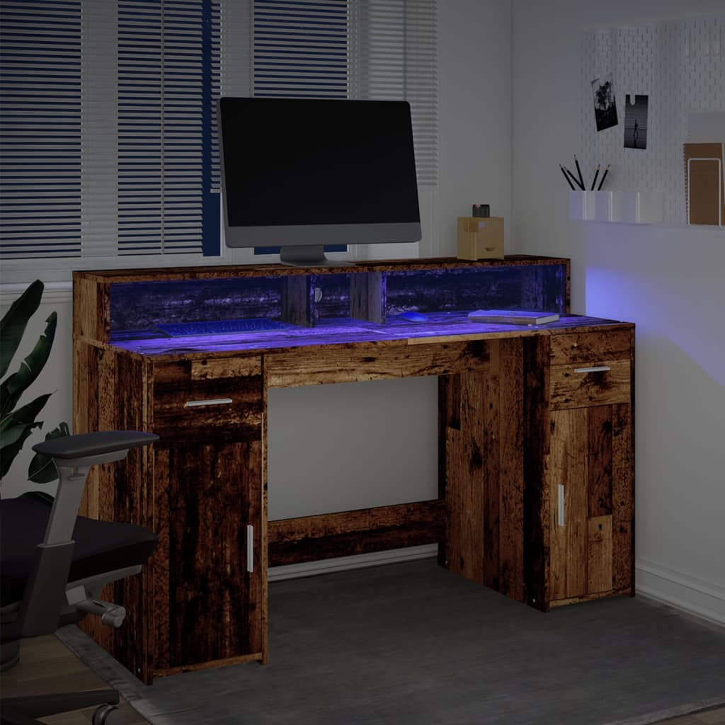 vidaXL Biurko z podświetleniem LED, stare drewno, 140x55x91 cm
