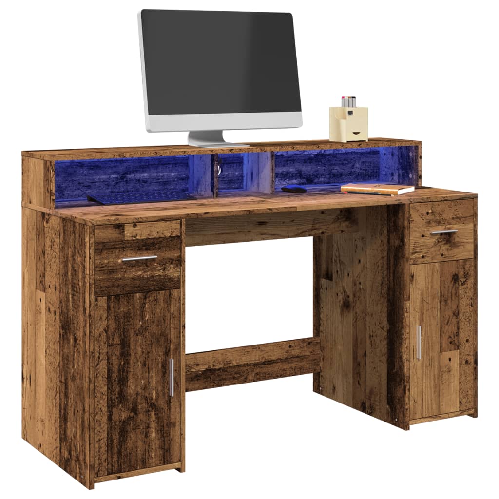 vidaXL Biurko z podświetleniem LED, stare drewno, 140x55x91 cm