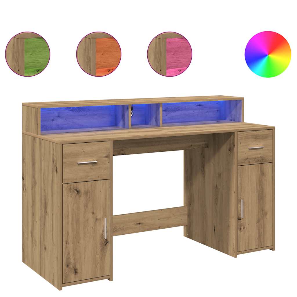 vidaXL Biurko z podświetleniem LED, dąb artisian, 140x55x91 cm