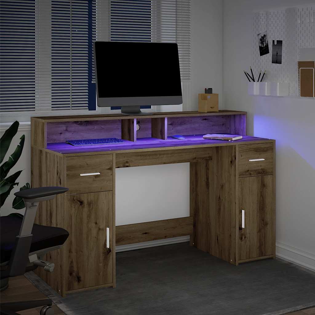 vidaXL Biurko z podświetleniem LED, dąb artisian, 140x55x91 cm