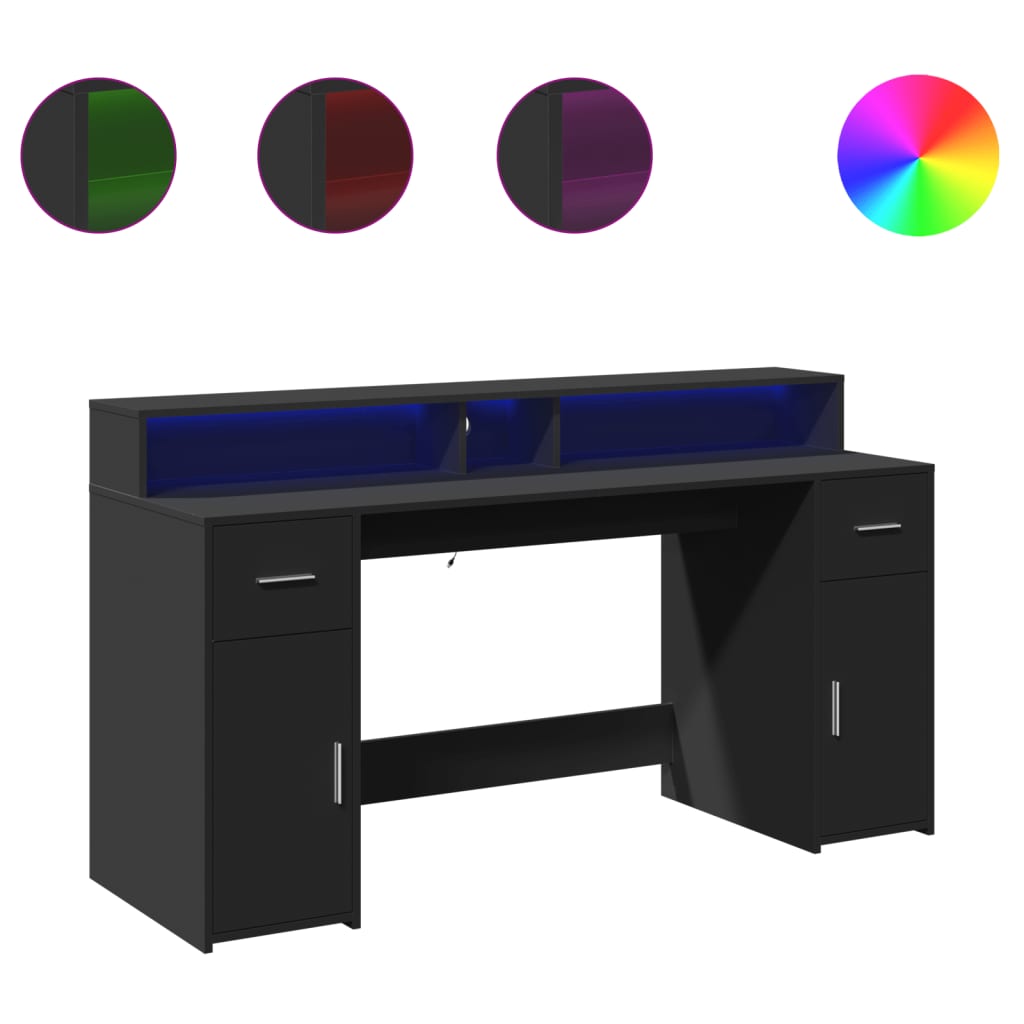 vidaXL Biurko z podświetleniem LED, czarne, 160x55x91 cm