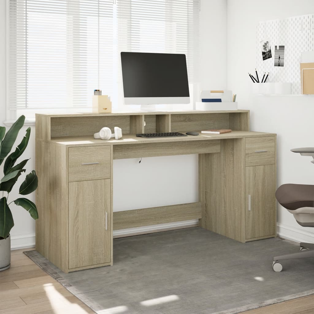 vidaXL Biurko z podświetleniem LED, dąb sonoma, 160x55x91 cm
