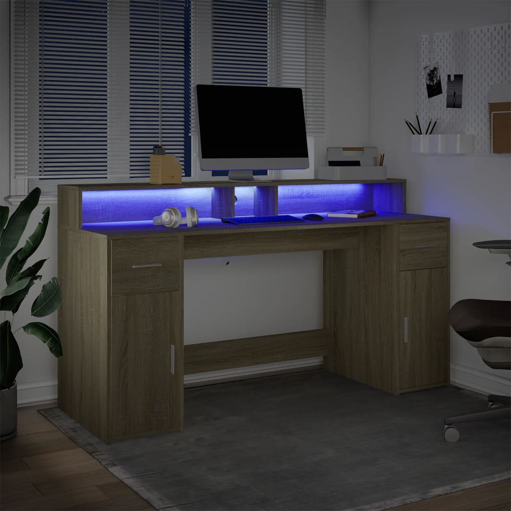 vidaXL Biurko z podświetleniem LED, dąb sonoma, 160x55x91 cm