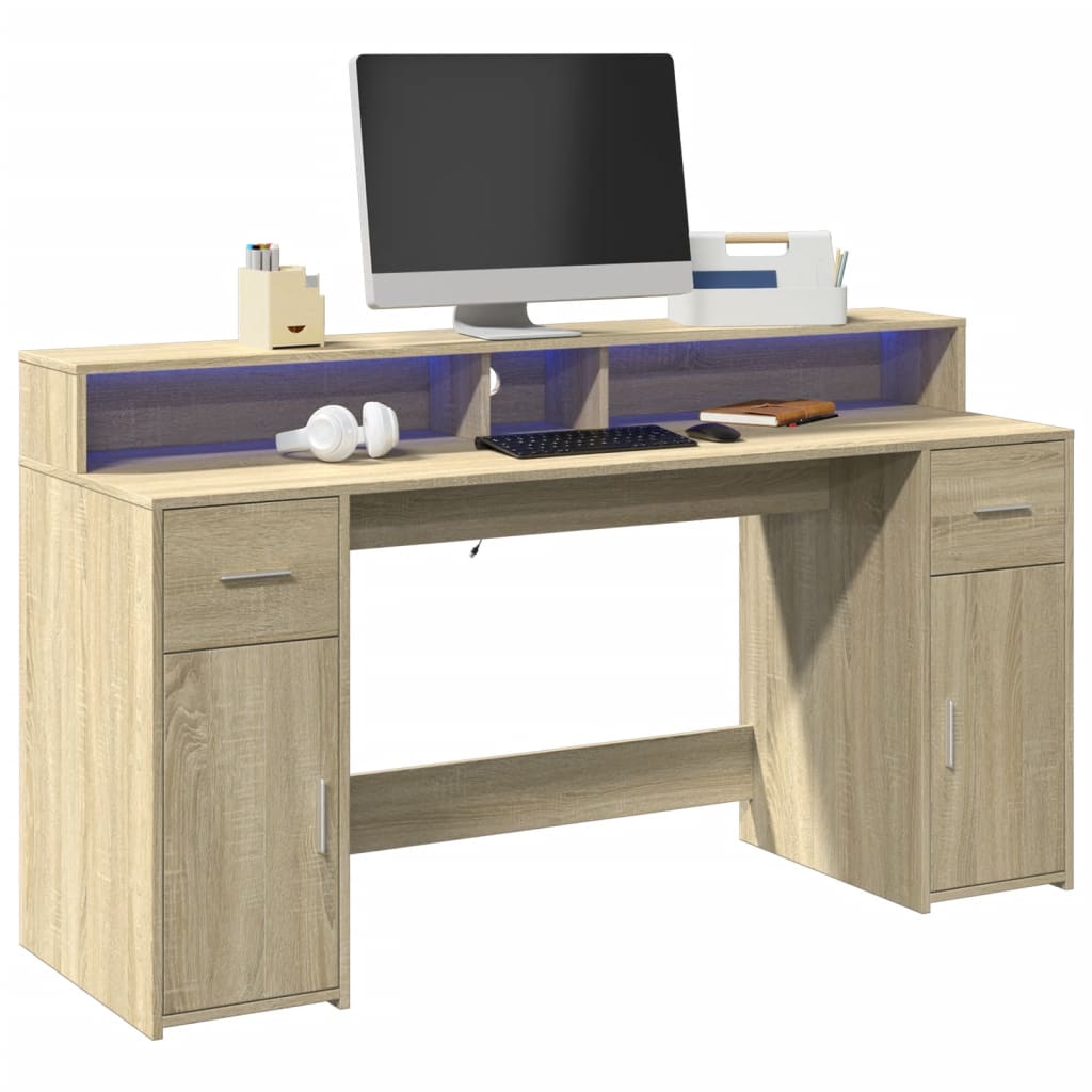 vidaXL Biurko z podświetleniem LED, dąb sonoma, 160x55x91 cm
