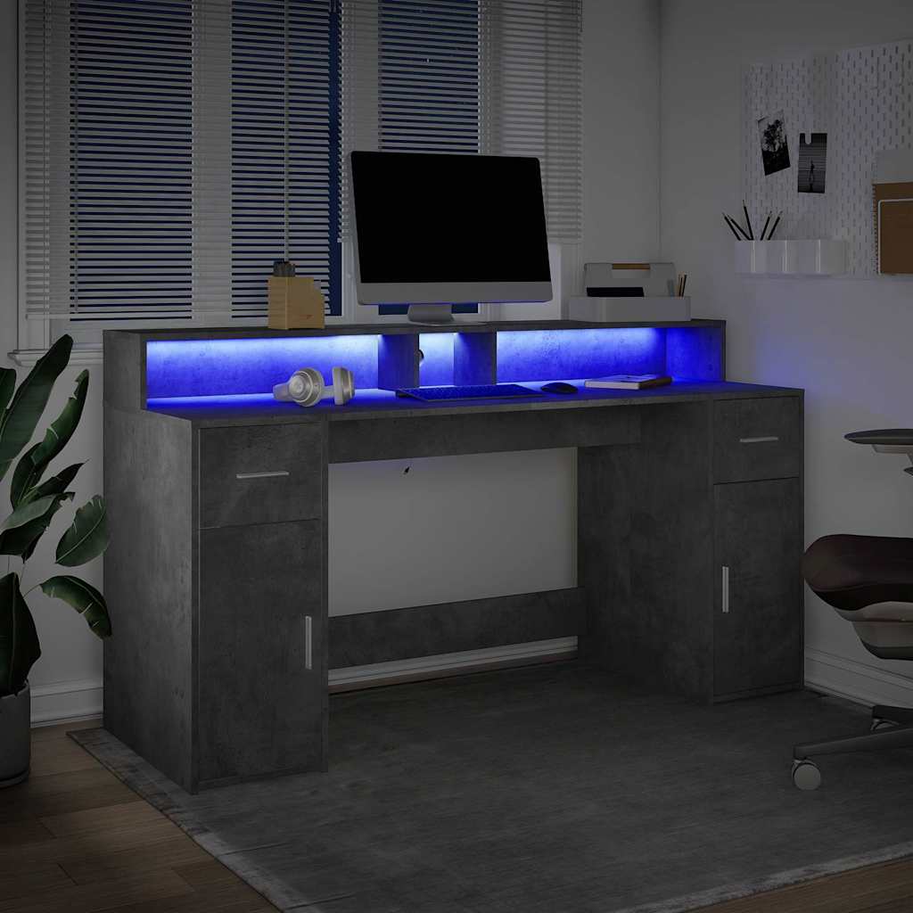 vidaXL Biurko z podświetleniem LED, betonowa szarość, 160x55x91 cm