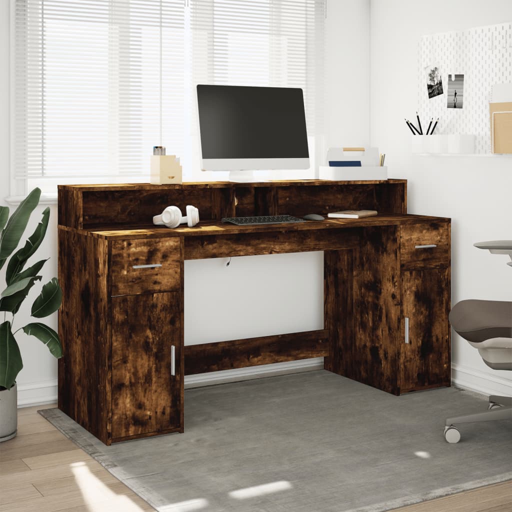 vidaXL Biurko z podświetleniem LED, przydymiony dąb, 160x55x91 cm