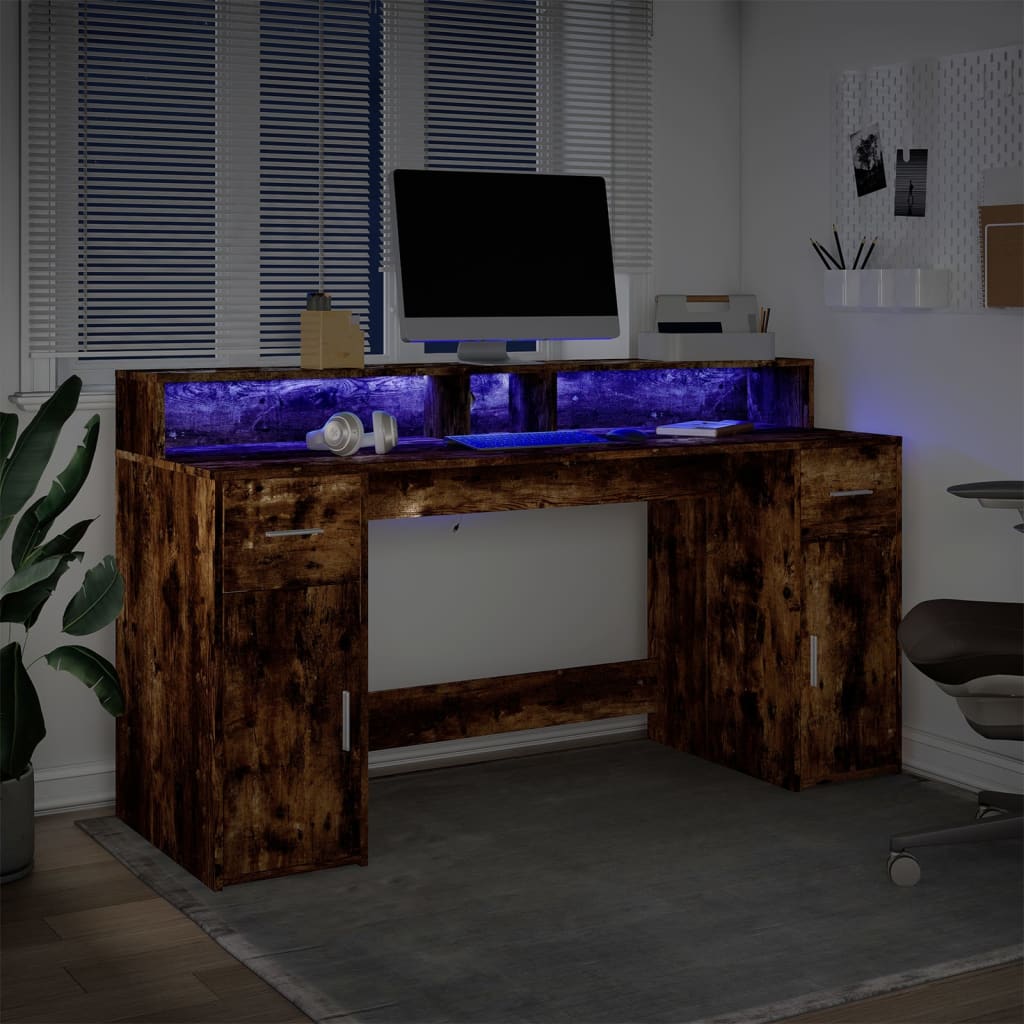 vidaXL Biurko z podświetleniem LED, przydymiony dąb, 160x55x91 cm