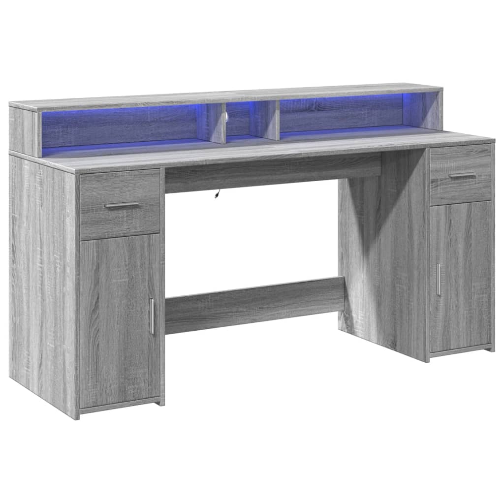 vidaXL Biurko z podświetleniem LED, szary dąb sonoma, 160x55x91 cm