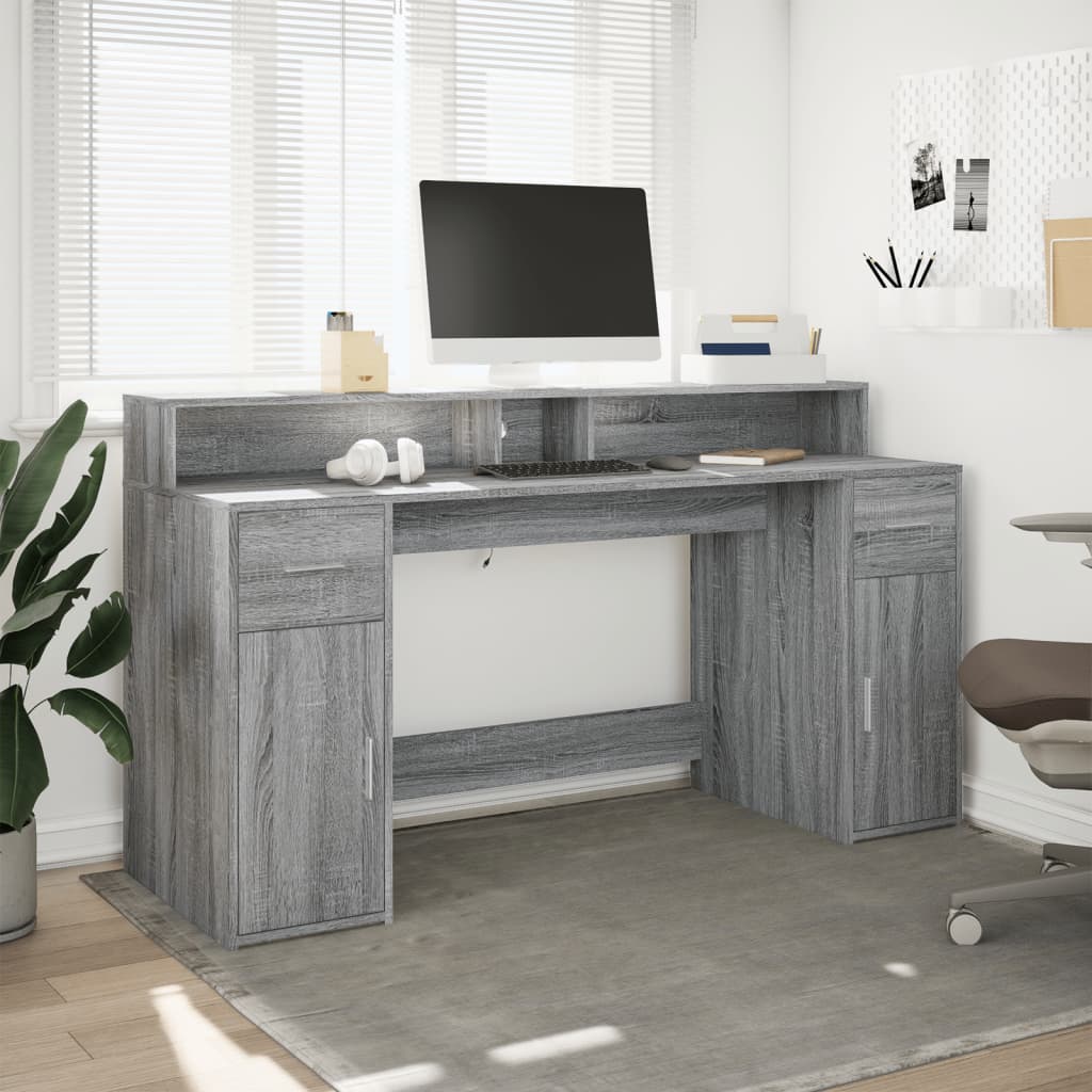 vidaXL Biurko z podświetleniem LED, szary dąb sonoma, 160x55x91 cm