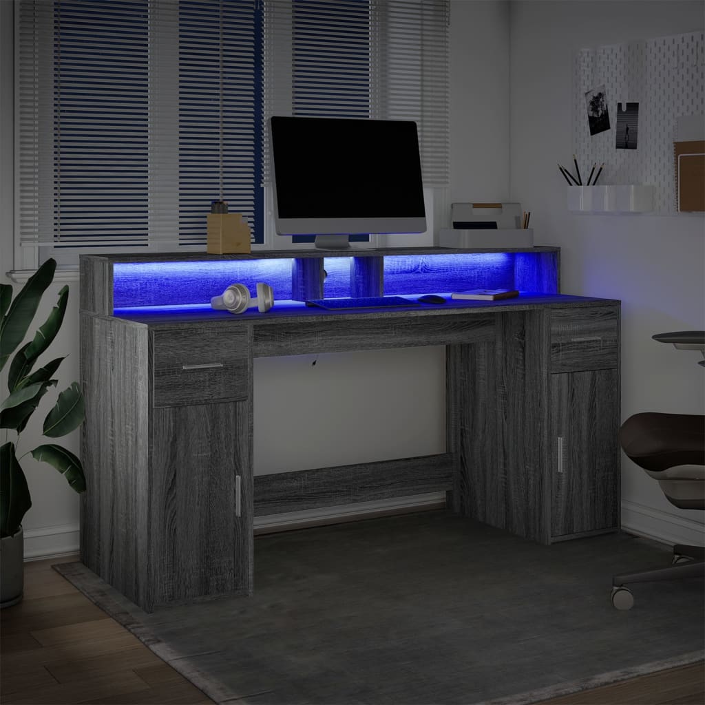 vidaXL Biurko z podświetleniem LED, szary dąb sonoma, 160x55x91 cm