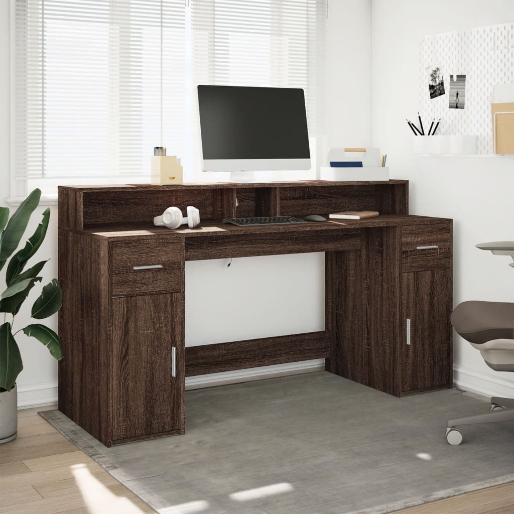 vidaXL Biurko z podświetleniem LED, brązowy dąb, 160x55x91 cm