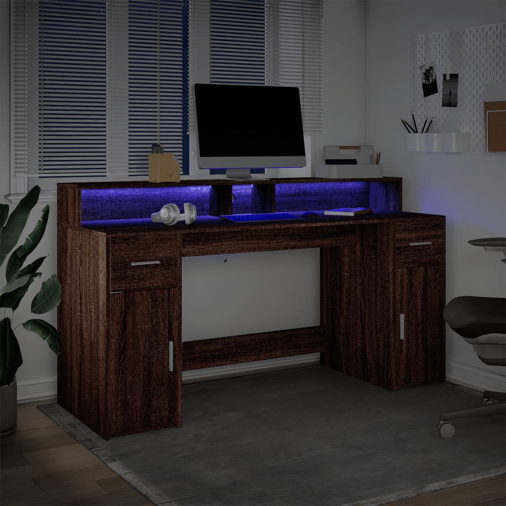 vidaXL Biurko z podświetleniem LED, brązowy dąb, 160x55x91 cm
