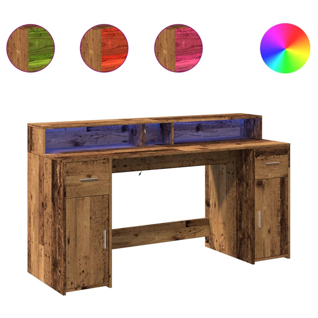 vidaXL Biurko z podświetleniem LED, stare drewno, 160x55x91 cm