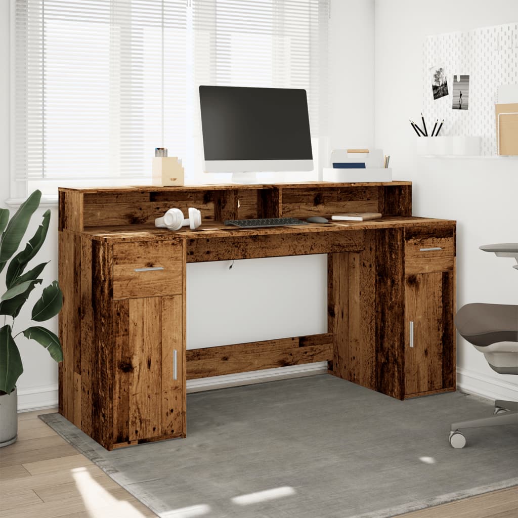 vidaXL Biurko z podświetleniem LED, stare drewno, 160x55x91 cm