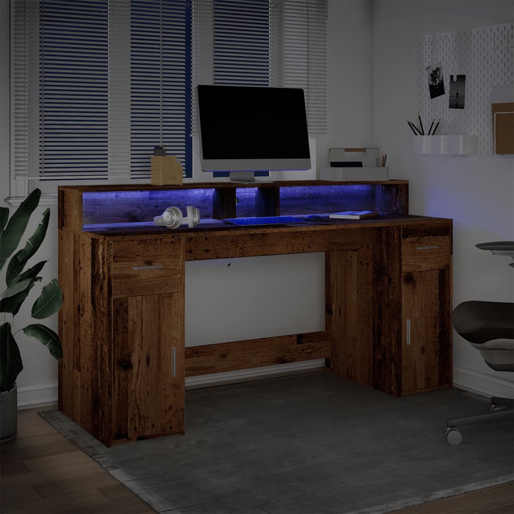 vidaXL Biurko z podświetleniem LED, stare drewno, 160x55x91 cm