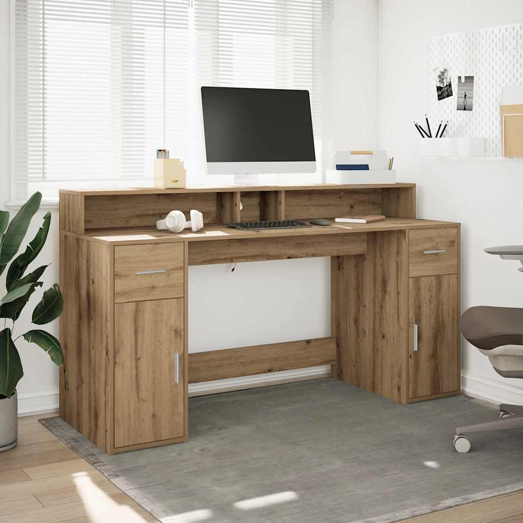 vidaXL Biurko z podświetleniem LED, dąb artisian, 160x55x91 cm