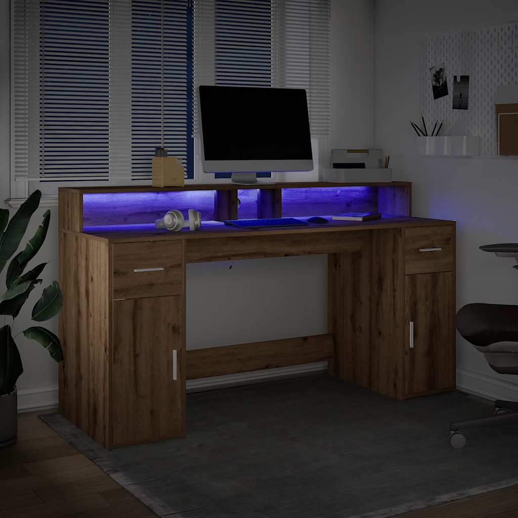 vidaXL Biurko z podświetleniem LED, dąb artisian, 160x55x91 cm