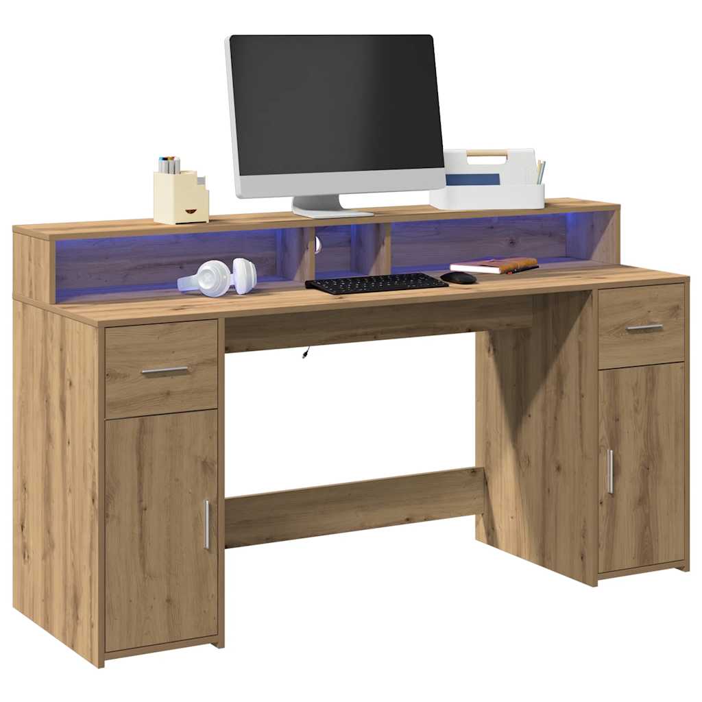 vidaXL Biurko z podświetleniem LED, dąb artisian, 160x55x91 cm