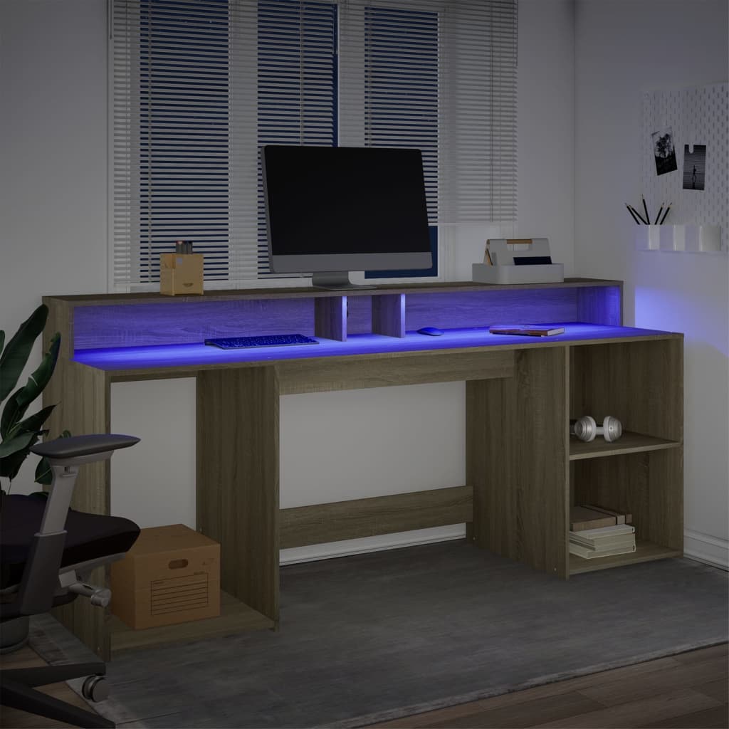 vidaXL Biurko z podświetleniem LED, dąb sonoma, 200x55x91 cm