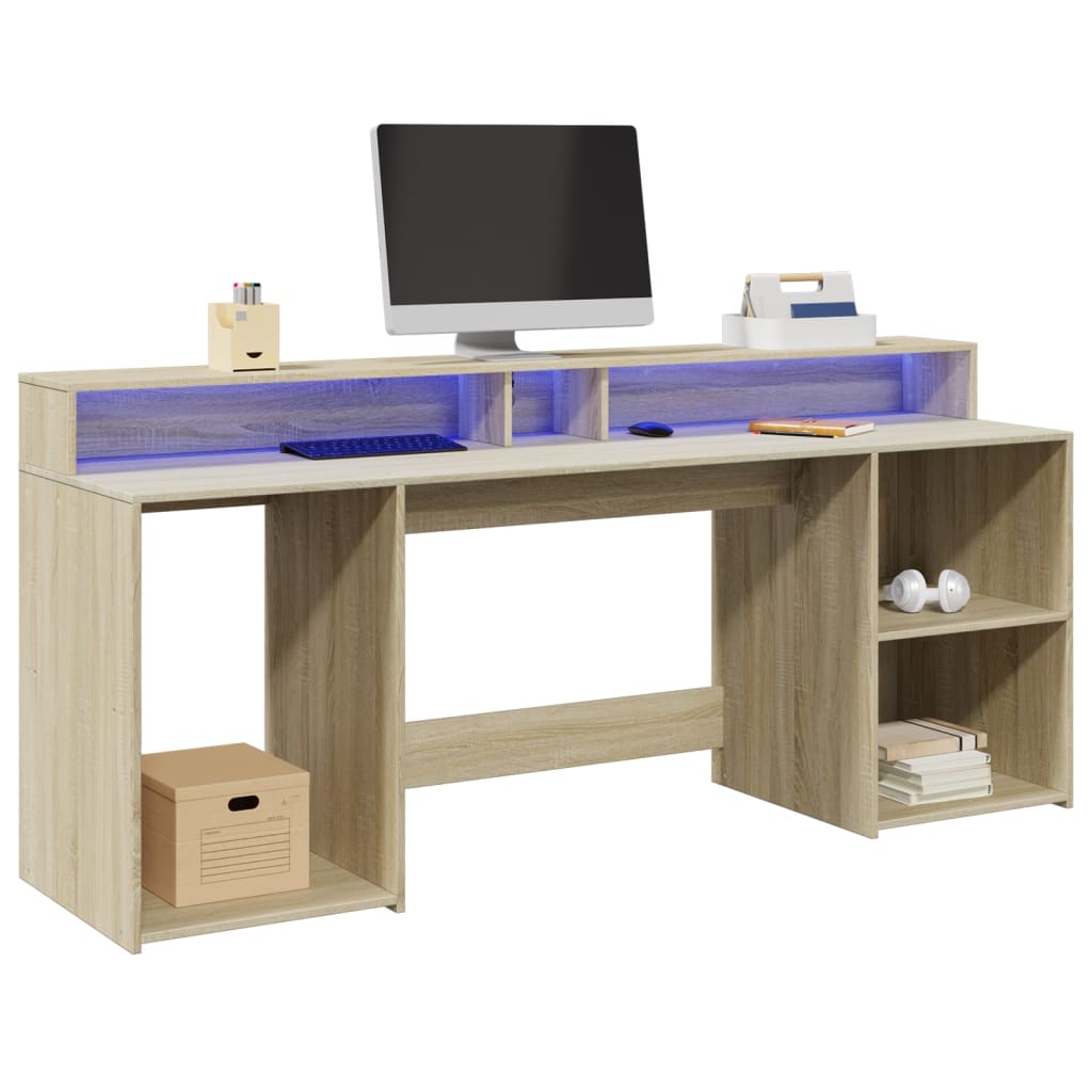 vidaXL Biurko z podświetleniem LED, dąb sonoma, 200x55x91 cm